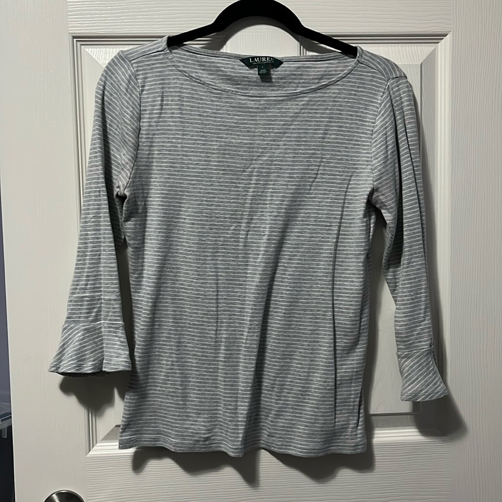 Women's Lauren Ralph Lauren 3/4 Sleeve Ruffled Striped Tee Grey White Casual